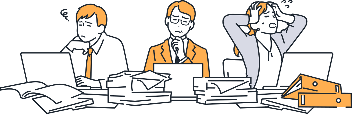 人事部門の負のサイクルによるさらなる悪影響を示すイラスト – 書類の山を前に3名の社員が疲弊・困惑している様子。現場業務の遅延・経営計画の未達・追加採用業務の発生を表す